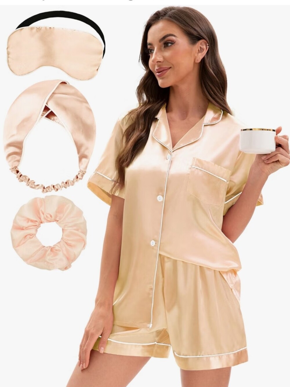 Satin Pajamas Set 5 Pcs Long Sleeve Print Pattern Button Down Pjs Sleepwear Loun